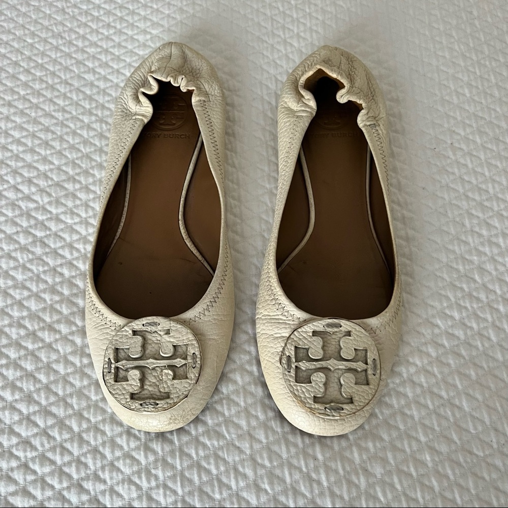 Tory Burch Reva Leather Logo Ballet Flats Cream - Women’s 8